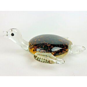 Murano Style Glass Art Clear Brown & Green Sea Turtle Animal Paperweight Decor